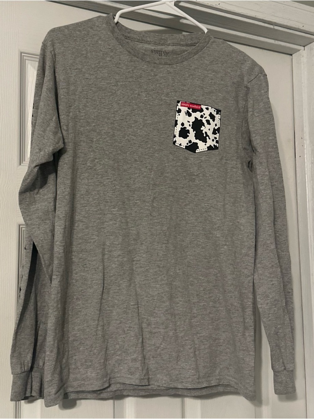 Simply Southern Grey Long-Sleeve Tee with Cow-Print Pocket Living the Scrub Life